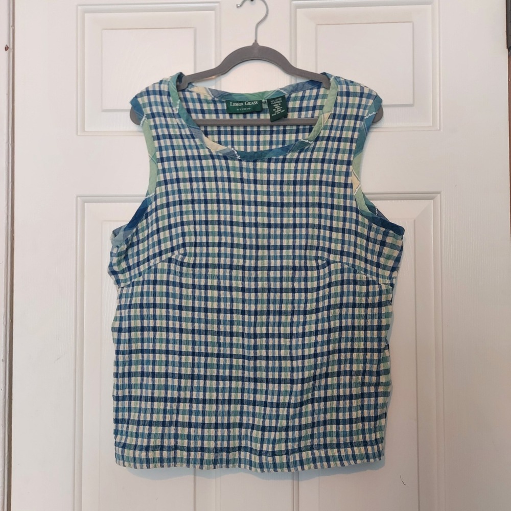 Lemon Grass Studio Blue Green Gingham Seersucker Sleeveless Top Plus Size 20W